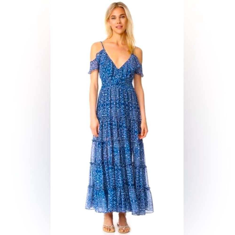 MISA Los Angeles "Elodie" blue floral cold-shoulder maxi dress Size XS